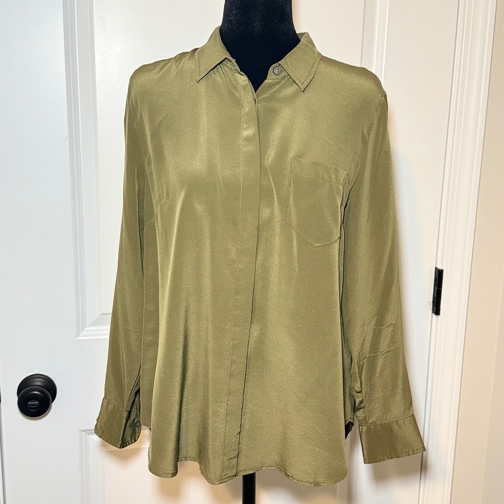 J.Crew Womens 100% Silk Button Down Shirt Olive Green Long Sleeve 12P Chic